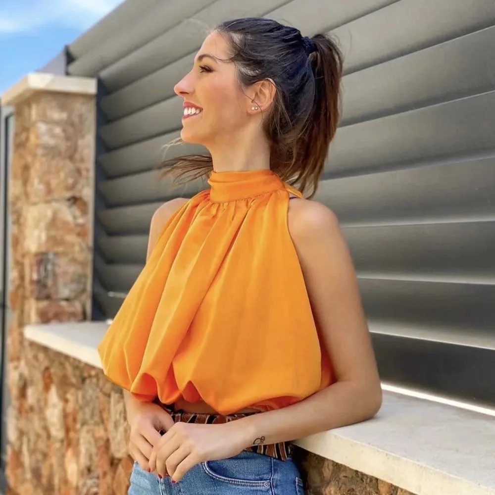 Women’s Bow-Tie Front Blouse – Elegant Crop Top in Orange