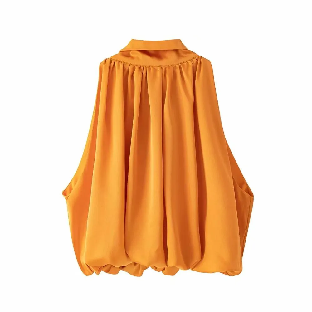 Women’s Bow-Tie Front Blouse – Elegant Crop Top in Orange