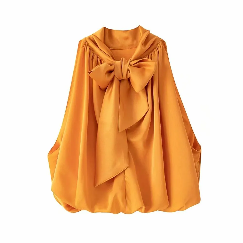 Women’s Bow-Tie Front Blouse – Elegant Crop Top in Orange