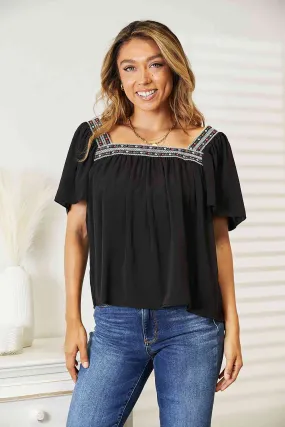 Women's Double Take Contrast Square Neck Puff Sleeve Blouse