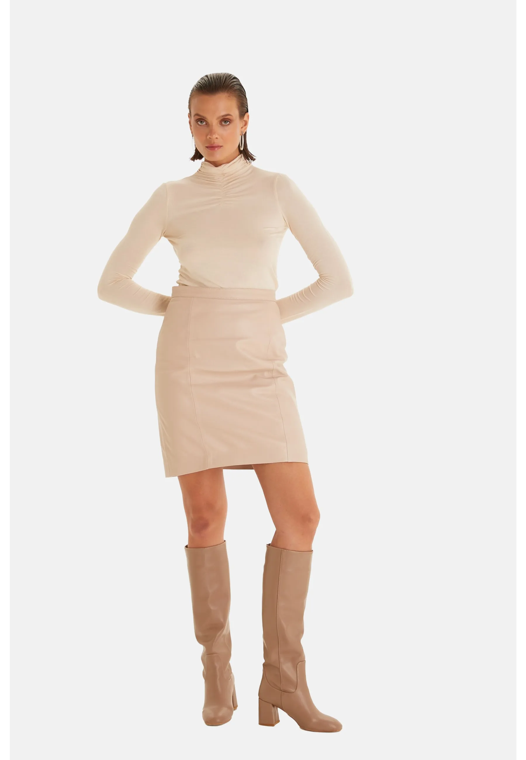 Women's Leather Skirts, Beige