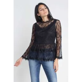 Women's Semi Lace Zipper Back Flare Sleeve Blouse