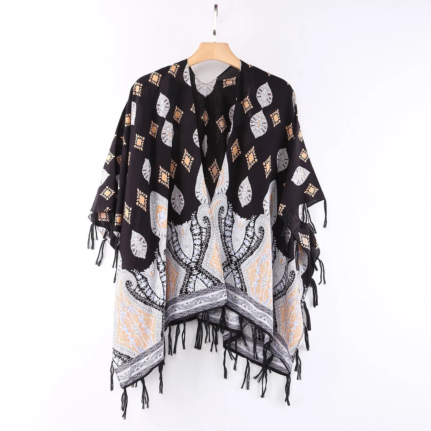 Women's Sheer Kimono Cardigan Cape Black Theme Paisley Print CAR012