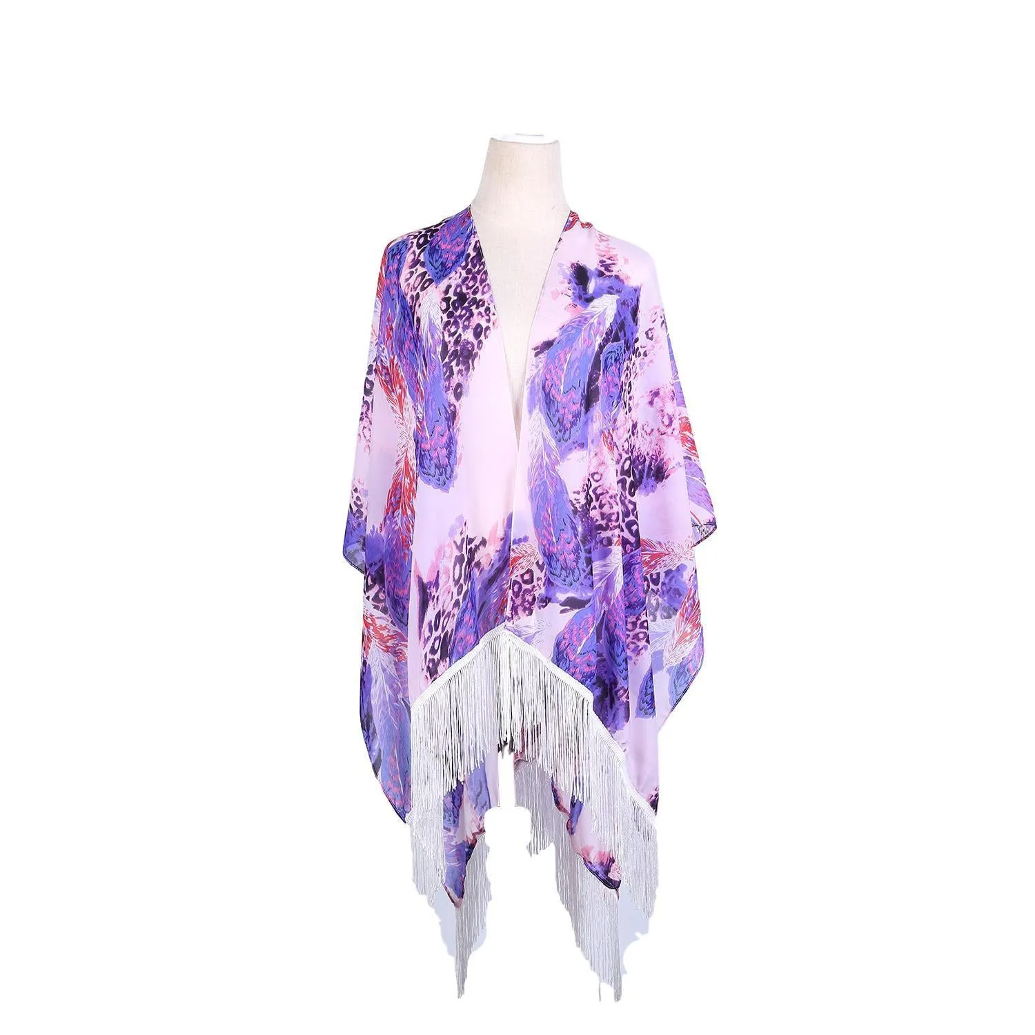 Women's Sheer Kimono Cardigan Cape Purple Theme Leopard Print CAR016