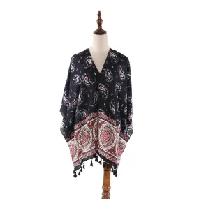 Women's Sheer Poncho Cape Black and Red Paisley Print CAR005