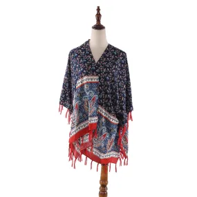 Women's Sheer Poncho Cape Navy and Red Paisley Print CAR009