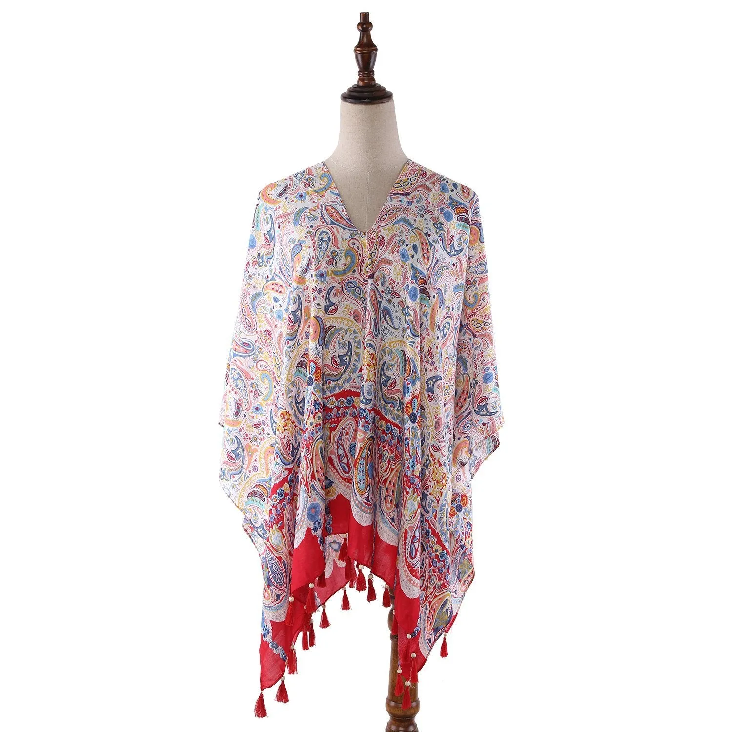 Women's Sheer Poncho Cape Red Theme Paisley Print CAR002