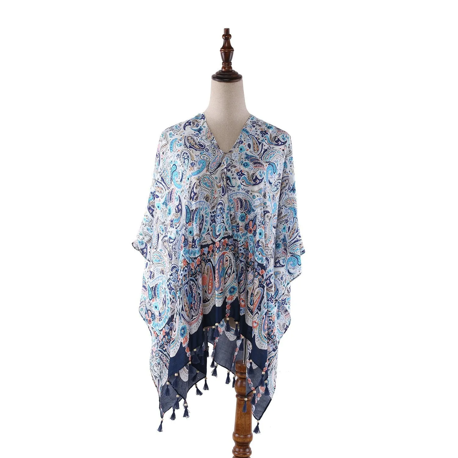 Women's Sheer Poncho Cape Turquoise Theme Paisley Print CAR004