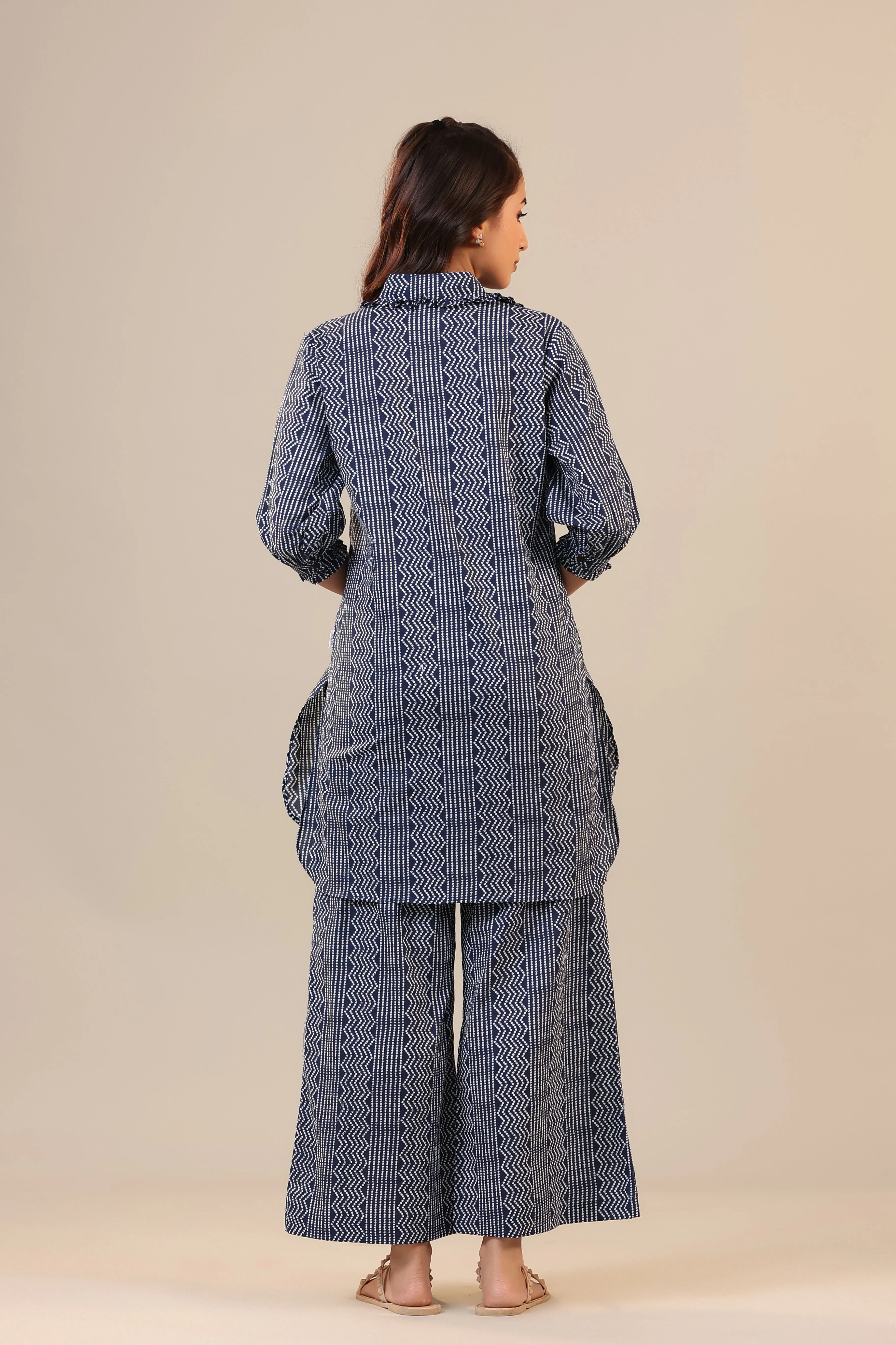 Zigzag Bandhej on Blue Cotton Palazzo Loungewear Set