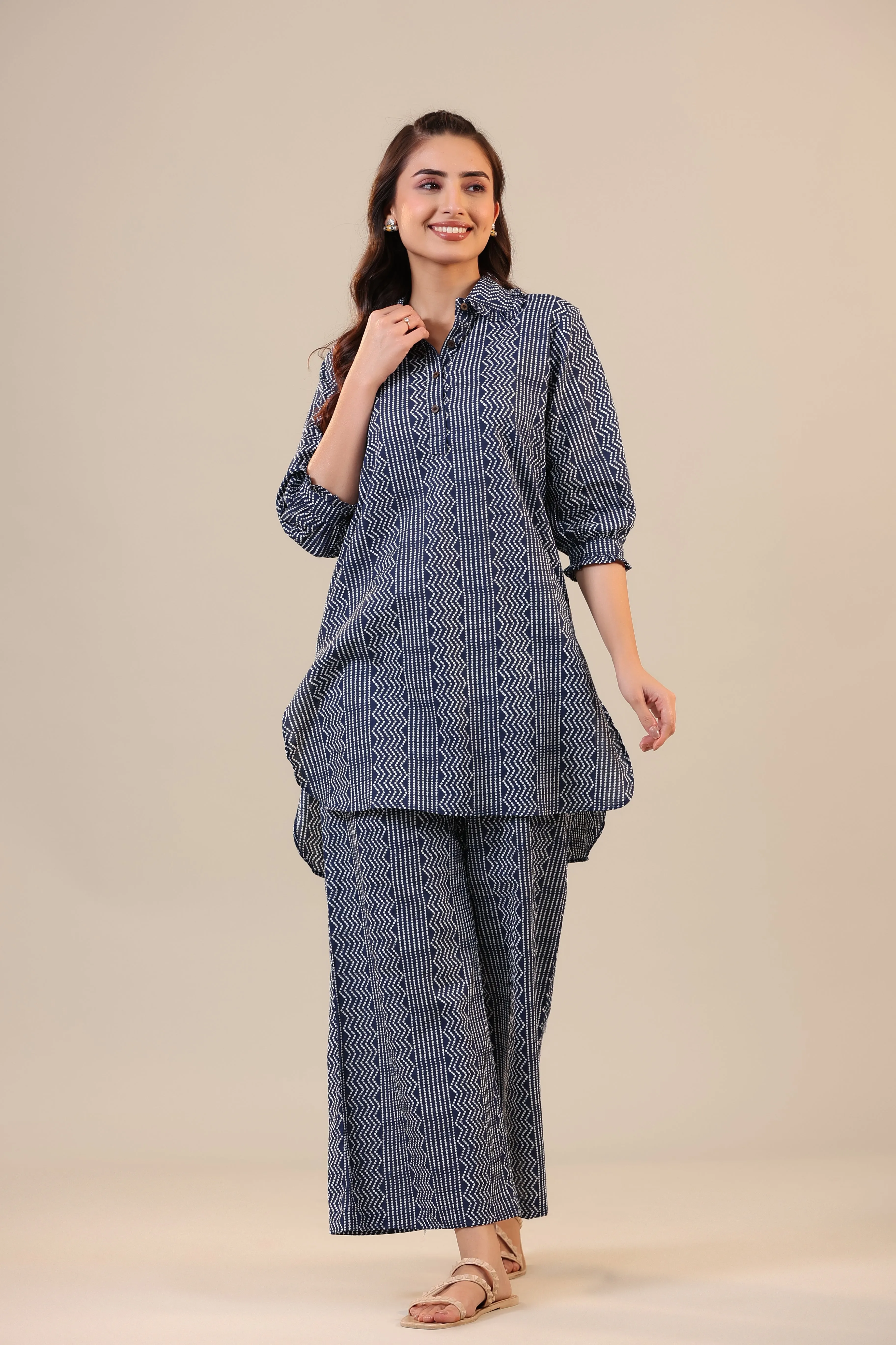 Zigzag Bandhej on Blue Cotton Palazzo Loungewear Set